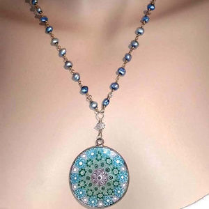 Murano Millefiori on Blue Baroque Freshwater Pearl